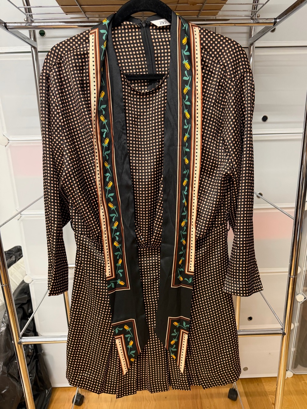 Zara Black & Brown Polka Dot Dress with Decorative Scarf